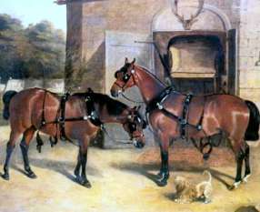 Reproduction print on canvas titled "Two Carriage Horses in a Courtyard" originally by John Wheeler